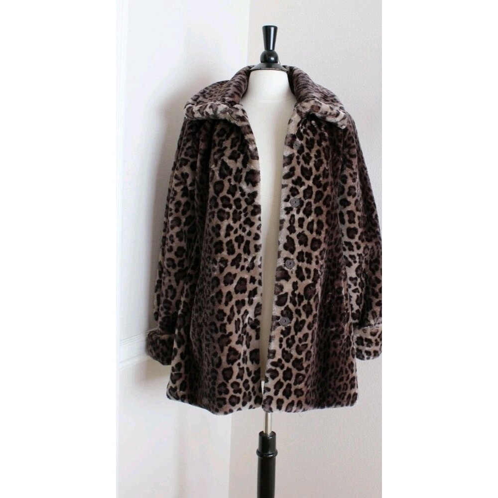 Dennis by Dennis Basso Leopard Print Faux Fur Coat Large Logo Lining